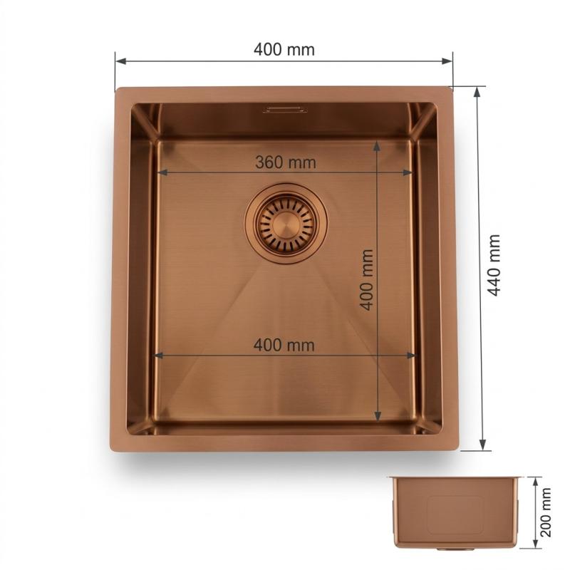 Pure.Sink Luxion Koperen spoelbak 36x40 cm onderbouw, vlakinbouw en opbouw PLX3640-62